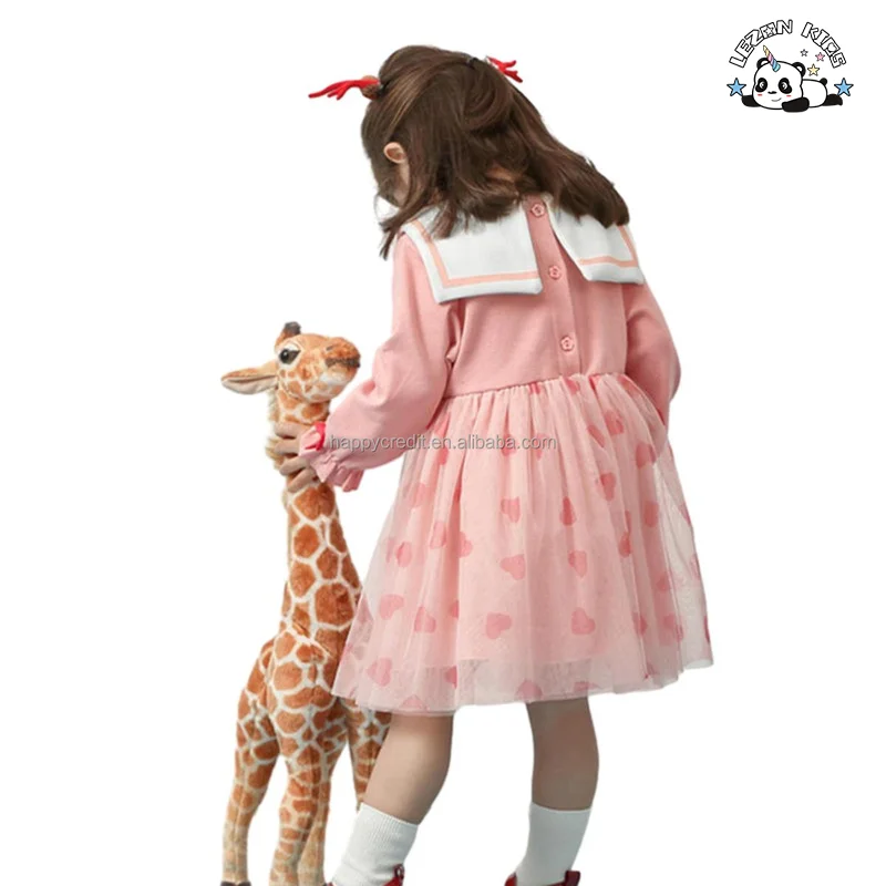 LEZONKIDS - Customizable Long Sleeve Heart Custom Patterns Tulle Dress Girls Cotton Dress Girls Kids